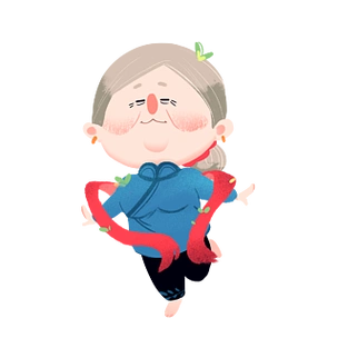 清明踏青跳舞老奶奶卡通矢量古风红色旗帜卡通风矢量清新建筑设计卡通