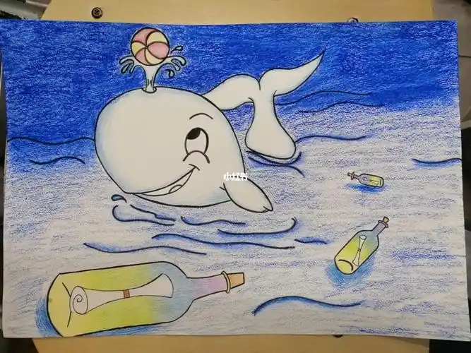 海洋鲸鱼主题蜡笔画