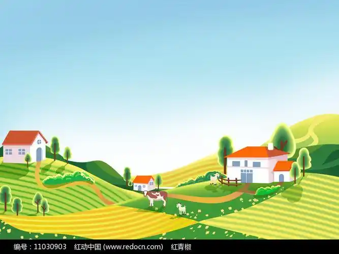 原创手绘小清新美丽山村美景psd