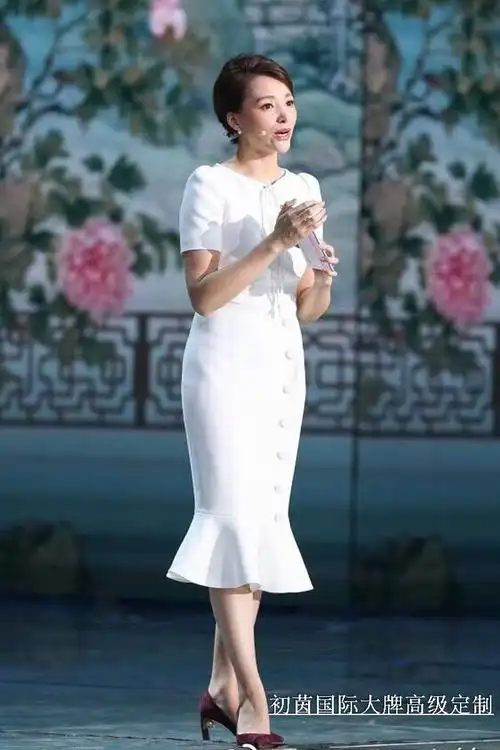 高级成衣定制董卿同短袖白色鱼尾连衣裙女中中长连衣裙