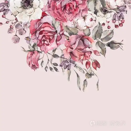 装饰复古水彩红玫瑰,自然贺卡与花,海葵,棉花,叶子和花蕾,植物花卉