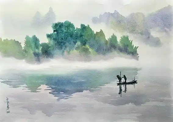 山水简约水彩画山水风景水彩画