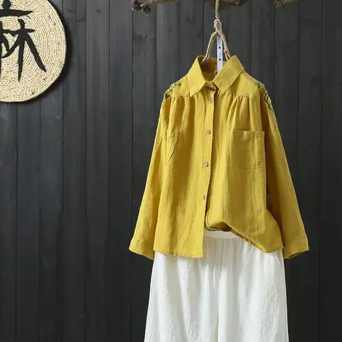 风棉麻刺绣衬衫开衫复古文艺纯亚麻女装上衣宽松方领春秋长袖优惠券