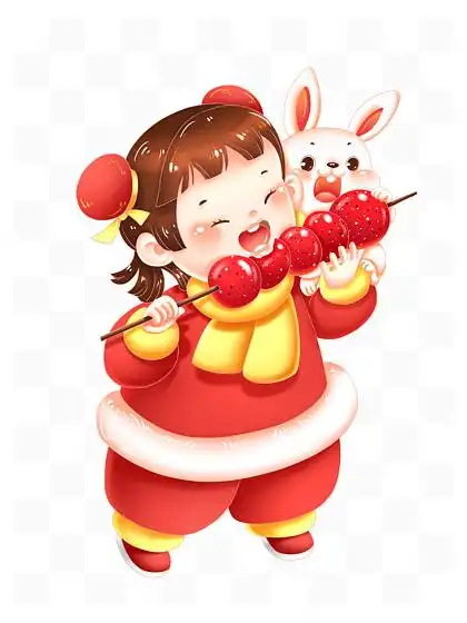 兔年春节喜庆兔子 i>和 /i>福娃小女孩吃冰糖葫芦
