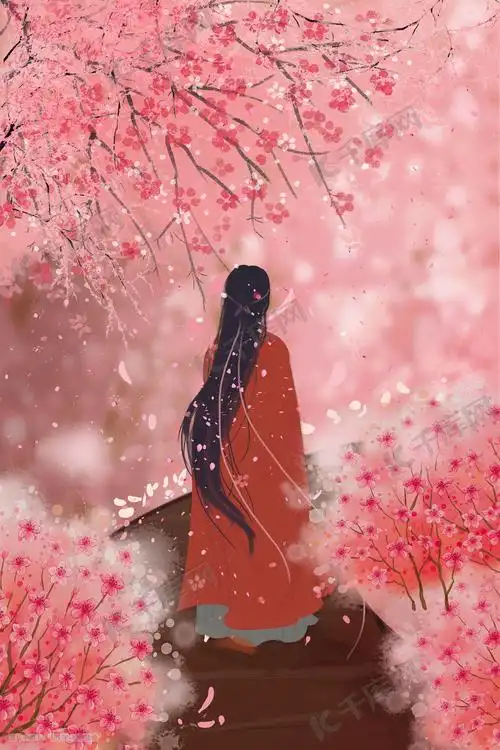 古风长发女孩樱花平桥唯美治愈粉色系中场景