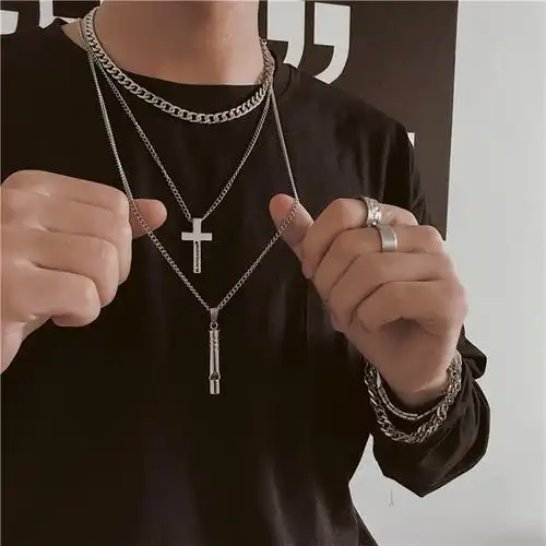 彩莱娅【二件套】钛钢项链男士欧美街头潮牌嘻哈霸气简约个性吊坠女式