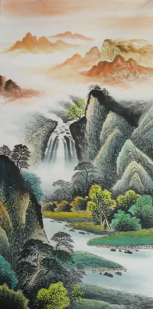 手绘国画山水画客厅背景墙风水靠山玄关竖幅中堂国画