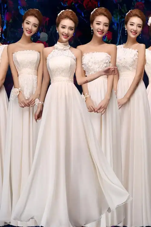 伴娘2018新款年会香槟色结婚礼服长款姐妹合唱礼服