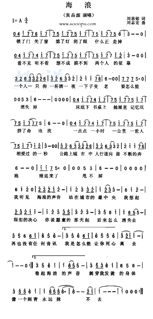 海浪 黄品源 歌谱 简谱