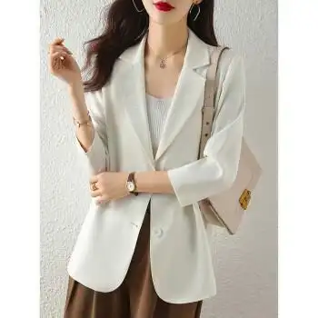 外套女夏薄款2022新款高级感小个子休闲气质七分袖西服 单件白色西装