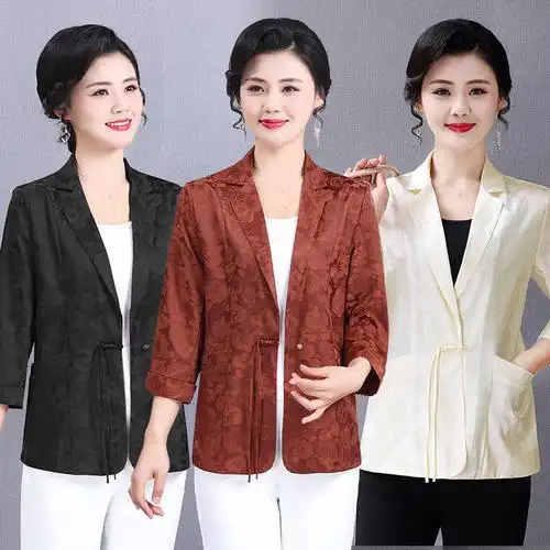 女士西装外套妈妈新中式提花上衣春夏新款中老年洋气国风小西服薄