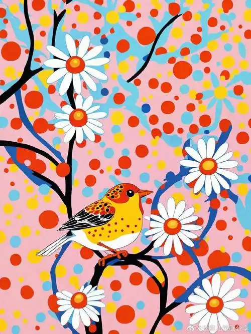 草间波点画万物:创意插画,周末的小鸟|||不知道是不是到了周末,树上的