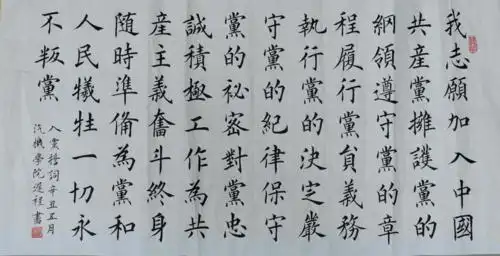机械1908班 迟程《入党誓词》书法作品大家一起来看看吧并且推文最后