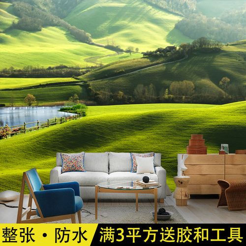 大自然草原风景墙布背景墙纸田园风格壁布阳光草地牛羊群3d壁纸