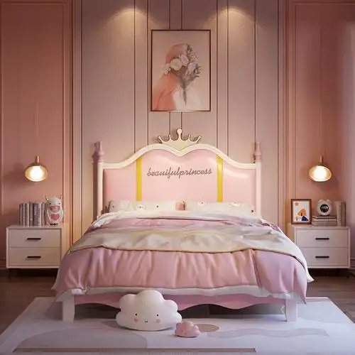 美式儿童床女孩卧室软包公主床现代粉色实木单人床女童1.5米皮床
