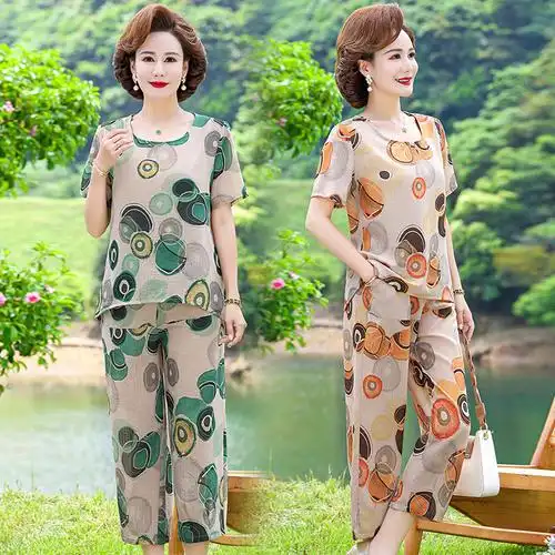 时尚妈妈短袖上衣棉麻套装2024夏装新款中老年女装宽松休闲两件套