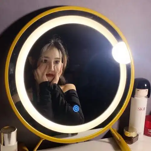 镜子 桌面带灯化妆镜桌面台式拍照ins风家用卧室内梳大号圆镜