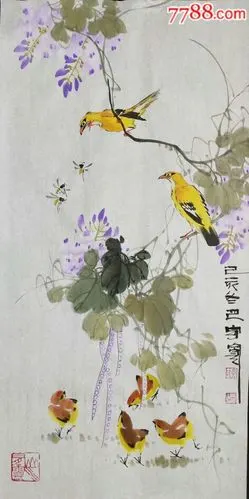 著名书画家郑守宽国画花鸟画紫藤黄鹂鸟儿三尺竖幅收藏送礼