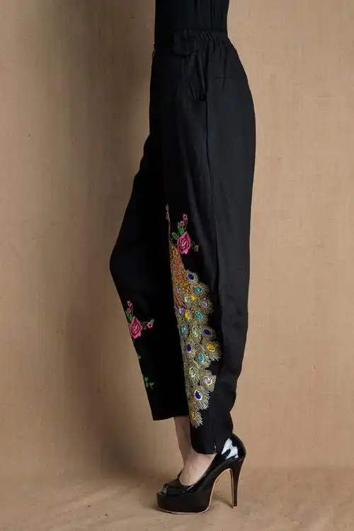 2016新款品牌精品女裤民族风灯笼裤大码刺绣女裤棉麻阔腿裤休闲裤