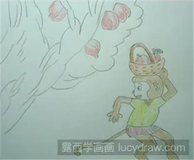 铅笔给桃树的树叶涂上颜色,这样,故事彩铅画之数桃子的小猴子就画好了