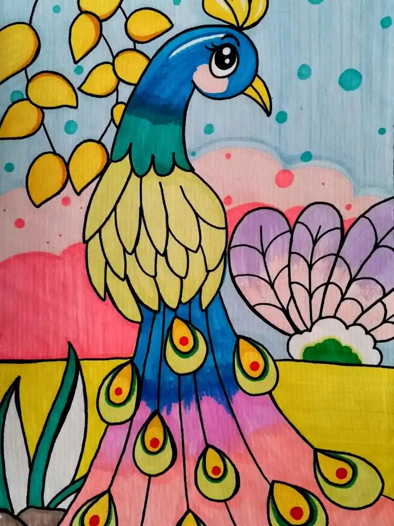 马克笔儿童画《孔雀08》手绘卡通动物简单 半临摹的,自己改了一下