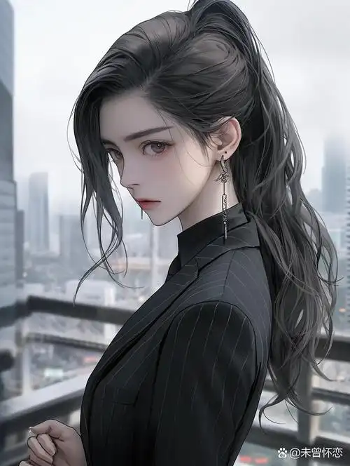 西装暴徒 女士版 半身像  黑西装帅气女生卡通插画