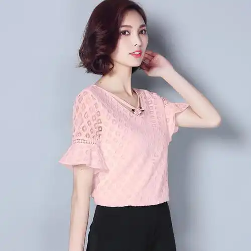 女士上衣夏季新款韩版女装修身显瘦镂空圆领短袖蕾丝拼接小衫