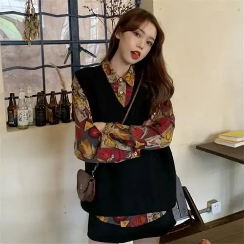 新款女装小香风毛衣碎花大码马甲背心针织两件套装2021年早秋季