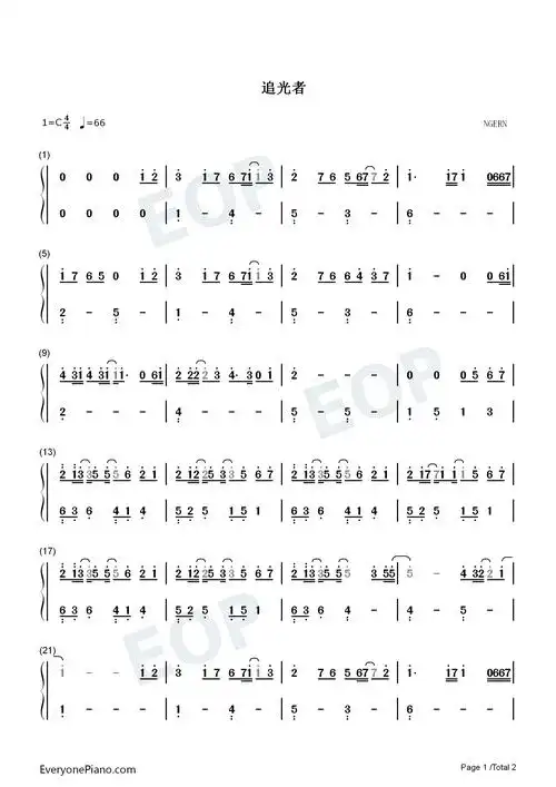 追光者c调简单版双手简谱预览1