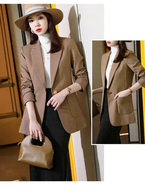 高级感棕色西装外套女春秋新款休闲大码女士卡其色小西服上衣秋季