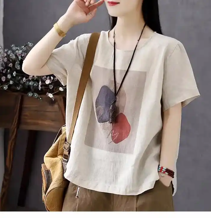 亚麻短袖t恤夏季女装文艺印花上衣宽松显瘦.30 或将近30的 - 抖音