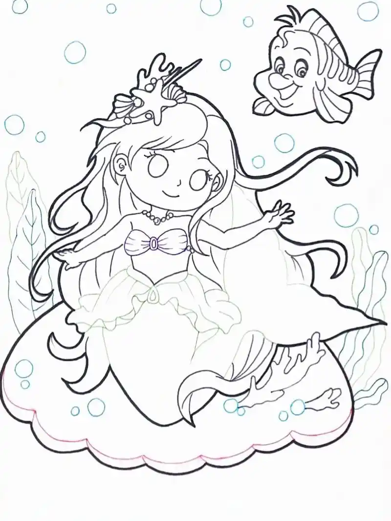 马克笔儿童画卡通画简笔画主题画美人鱼 美人鱼公主9499  q版