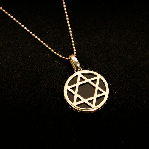 恒蕴14k黄金新款黑玛瑙圆盘吊坠六芒星时尚情侣毛衣坠轻奢项链坠