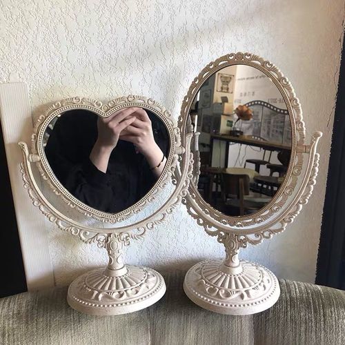 韩风ins欧式化妆镜可爱公主镜子双面台式镜心形镜桌面化妆镜爱心米色