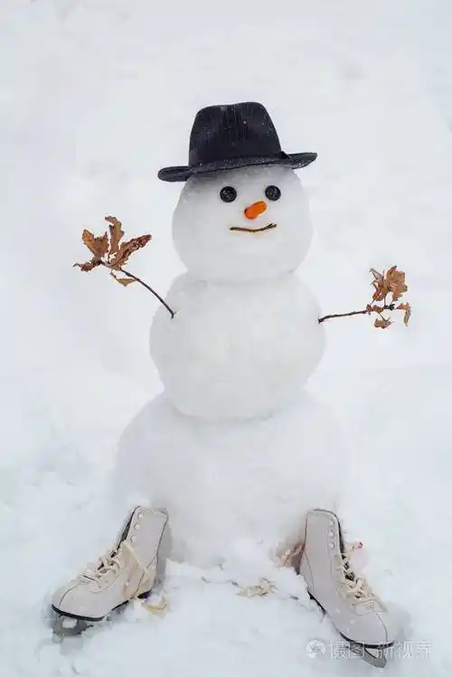 雪人朋友站在冬天的帽子和围巾红鼻子.雪人和雪天.