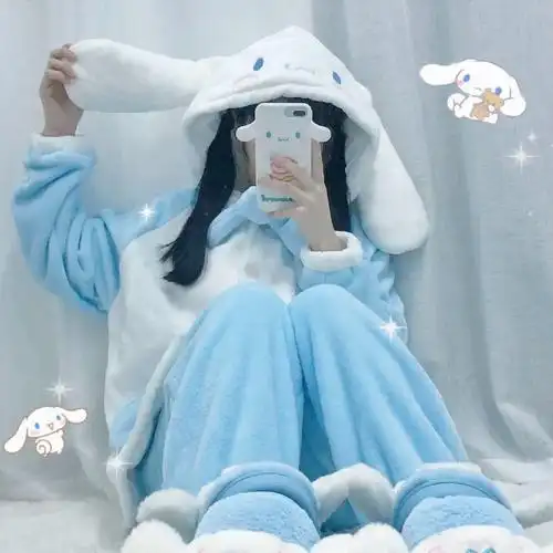 原支纱新款睡衣女冬季套装加厚可外穿珊瑚绒可爱法兰绒保暖家居服大耳