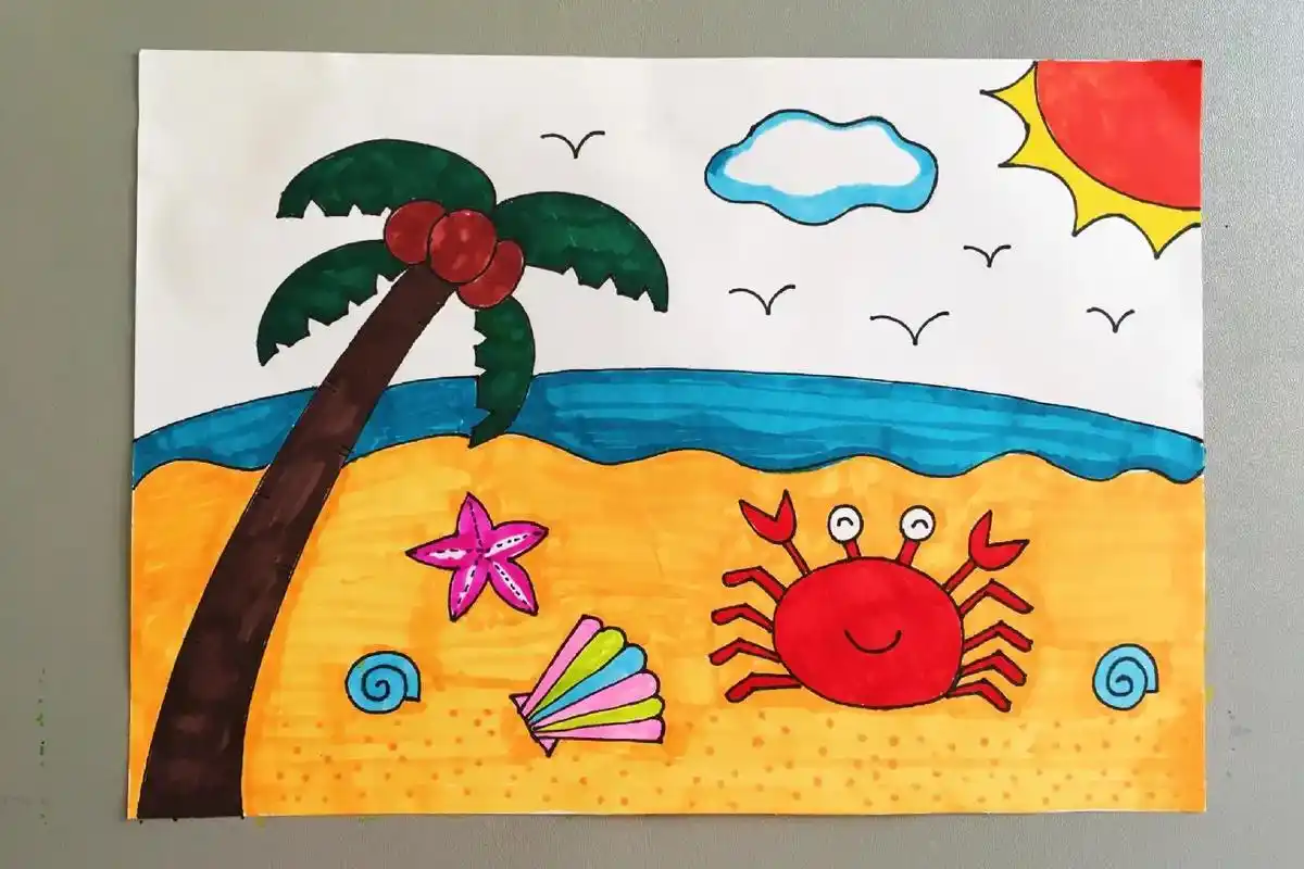 夏日海滩主题画#简笔画 #夏日主题画 - 抖音