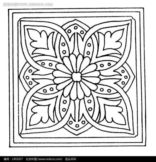 中国古典图案-花朵和几何形构成的方形图案