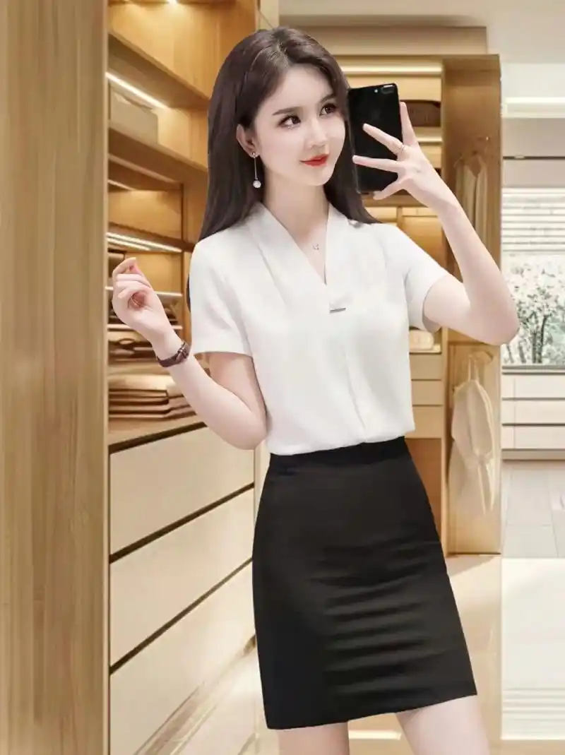 v领白色衬衫女2024夏季新款百搭职业短袖衬衣气质工装包臀裙套装来啦!