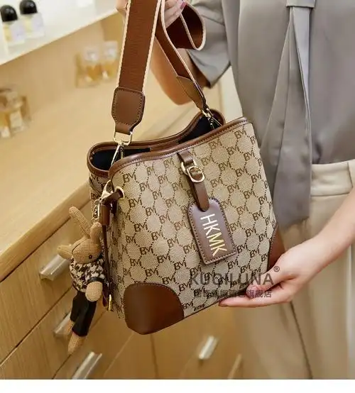 酷奇包包女包奢侈品女士包包百搭老花水桶包时尚单肩斜挎包送老婆女友