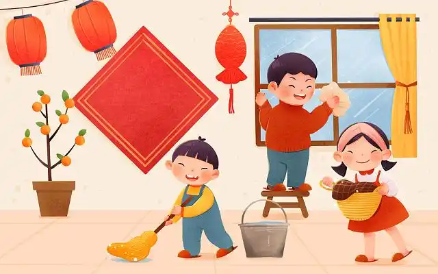 卡通手绘过年习俗腊月二十四小年除旧布新大扫除插画