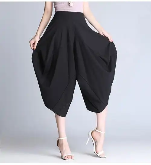 显瘦高腰灯笼裤七分萝卜裤2022新款时尚裤子 黑色 s【图片 价格 品牌