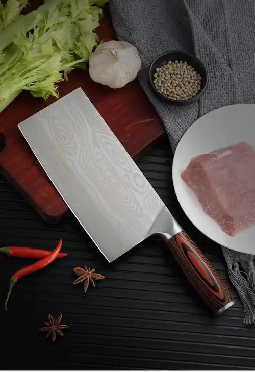 新大马士革激光纹不锈钢切肉切菜刀家用锋利厨师砍骨斩切两用刀具