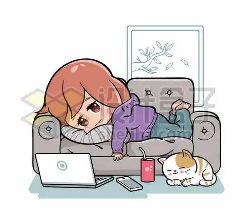 慵懒的卡通女孩趴在沙发上玩电脑4948546矢量图片免抠素材