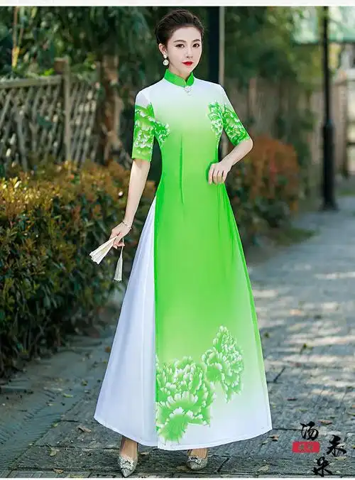 旗袍长裙改良版中国风2022年高端走秀演出服正宗连衣裙夏季绿色126s