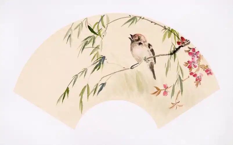 国画——桃花山鸟扇面图绘画步骤