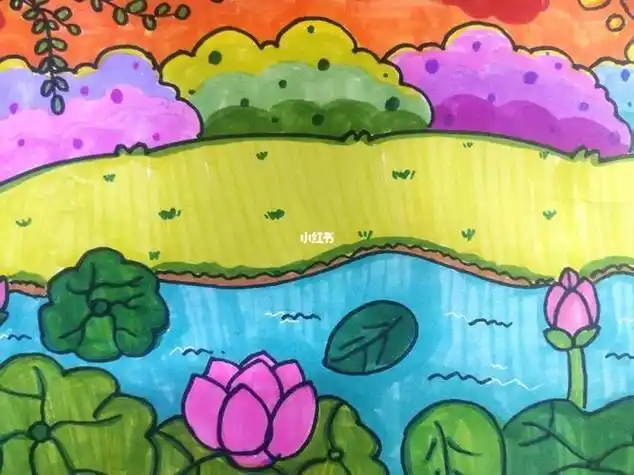 夏天风景画简笔画彩色