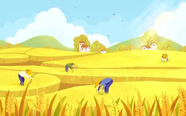 世界粮食日农民丰收节秋天丰收作物小女孩卡通人物金色秋天瓜果收获季