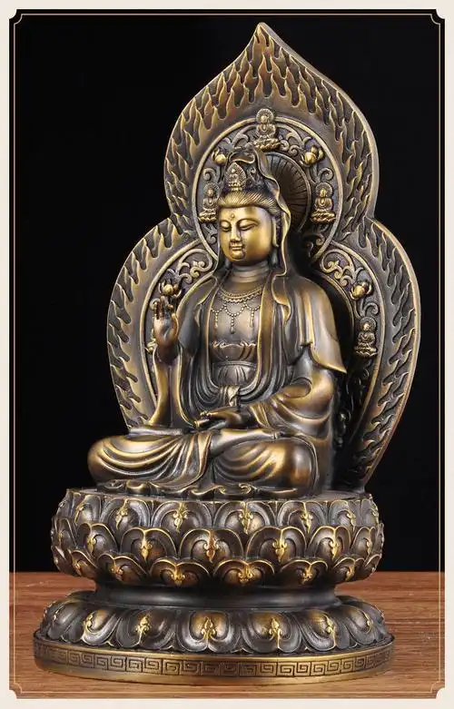 钰缘工坊全铜坐莲观音摆件南海观世音菩萨铜佛像家用客厅寺庙佛堂供奉