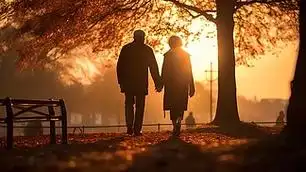 老人养老夕阳下,一位老年伙伴走在户外公园草地上的背影